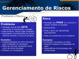 Gerenciamento de Riscos
Problema x Risco
                                         Risco
                                         • Situação que PODE vir a ocorrer e
Problema                                   causar impacto no projeto
• Situação que de fato ESTÁ              • Gerenciável;
  ocorrendo e impactando o projeto
• Solucionável; requer ação imediata;    • Pode e deve ser identificado
• Descoberto (normalmente de forma         previamente;
  reativa) durante o curso do projeto;   • Pode se transformar em problema.

Exemplos:                                Exemplos:
• Indisponibilidade de infra-estrutura   • Contratos vinculados ao Dólar
  para instalação de Hardware            • Possível mudança na legislação do
• Falta de recursos necessário para        setor
  início de certa atividade              • Dependência de tecnologia não
• Atrasos no cronograma                    comprovada
 