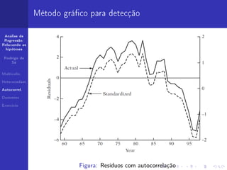 Método gráco para detecção

 Análise de
 Regressão:
Relaxando as
  hipóteses


 Rodrigo de
     Sá



Multicolin.


Heterocedast.


Autocorrel.


Dummies


Exercício




                           Figura: Resíduos com autocorrelação
 