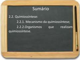 Sumário
2.2. Quimiossíntese:
2.2.1. Mecanismo da quimiossíntese;
2.2.2.Organismos que realizam
quimiossíntese.
 