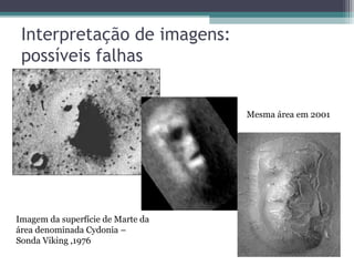 Interpretação de imagens:
possíveis falhas
Imagem da superfície de Marte da
área denominada Cydonia –
Sonda Viking ,1976
Mesma área em 2001
 