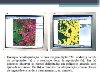 • Exemplo de interpretação de uma imagem digital TM-Landsat-5 na tela
do computador (a) e o resultado dessa interpretação (b). Em (a)
podemos observar as classes delimitadas em polígonos amarelo com
ajuda de um cursor. Em (b), o resultado da interpretação, com as classes
de vegetação em verde, e desmatamento, em amarelo.
 