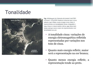 • A tonalidade cinza: variações de
energia eletromagnética refletida
representadas por variações nos
tons de cinza.
• Quanto mais energia refletir, maior
será a representação na cor branca;
• Quanto menos energia refletir, a
representação tende ao preto.
Tonalidade
 