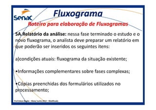FluxogramaFluxograma
Roteiro para elaboração de FluxogramasRoteiro para elaboração de Fluxogramas
5A.Relatório da análise:5A.Relatório da análise: nessa fase terminado o estudo e o
novo fluxograma, o analista deve preparar um relatório em
que poderão ser inseridos os seguintes itens:
Prof.Edson Negão – Maio/ Junho 2013 – Modificado
a)condições atuais: fluxograma da situação existente;
•Informações complementares sobre fases complexas;
•Cópias preenchidas dos formulários utilizados no
processamento;
 