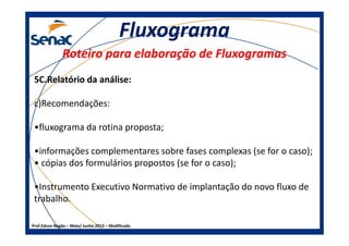 FluxogramaFluxograma
Roteiro para elaboração de FluxogramasRoteiro para elaboração de Fluxogramas
5C.Relatório da análise:5C.Relatório da análise:
c)Recomendações:
•fluxograma da rotina proposta;
Prof.Edson Negão – Maio/ Junho 2013 – Modificado
•fluxograma da rotina proposta;
•informações complementares sobre fases complexas (se for o caso);
• cópias dos formulários propostos (se for o caso);
•Instrumento Executivo Normativo de implantação do novo fluxo de
trabalho.
 