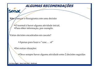ALGUMAS RECOMENDAÇÕESALGUMAS RECOMENDAÇÕES
Não começar o fluxograma com uma decisão:
•O normal é haver alguma atividade inicial,
•Para obter informação, por exemplo.
Várias decisões encadeadas em cascata?
Prof.Edson Negão – Maio/ Junho 2013 – Modificado
Várias decisões encadeadas em cascata?
•Apenas para fazer o “case ... of”
•Em outras situações:
•Deve sempre haver alguma atividade entre 2 decisões seguidas
 
