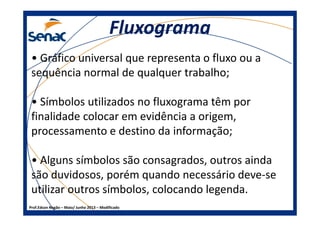 FluxogramaFluxograma
• Gráfico universal que representa o fluxo ou a
sequência normal de qualquer trabalho;
• Símbolos utilizados no fluxograma têm por
finalidade colocar em evidência a origem,
Prof.Edson Negão – Maio/ Junho 2013 – Modificado
finalidade colocar em evidência a origem,
processamento e destino da informação;
• Alguns símbolos são consagrados, outros ainda
são duvidosos, porém quando necessário deve-se
utilizar outros símbolos, colocando legenda.
 