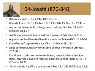 • Reinou 25 anos - I Rs. 22:42- II Cr. 20.31-
• filho de Asa – II Cr.16.13-14 - II Cr.17.1 – I Rs.15.24– I Rs. 22.41 –
• Acabe, rei de Israel, faz aliança com o rei Josafá -I Reis 22.1-40 II
Crônicas 18.1-27 –
• Josafá e o seu cuidado em instruir o povo – II Crônicas 17.1-19 –
• A guerra contra Ramote-Gileade e morte de Acabe–II Cr. 18.28-34.
• O profeta Jeú repreende a Josafá – II Crônicas 19.1-11-
• Deus concede a Josafá vitória sobre os seus inimigos II Crônicas
20.1-37 –
• E andou em todos os caminhos de Asa, seu pai, não se desviou
deles, fazendo o que era reto aos olhos do Senhor I Reis 22.43 – II
Crônicas 20.32
• O reinado de Josafá e a sua morte- I Reis 22.41-52 II Crônicas 21.1.14
04-Josafá (870-848)
 
