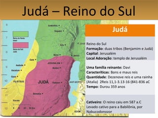 4
Judá – Reino do SulJudá – Reino do Sul
Judá
Reino do Sul
Formação: duas tribos (Benjamim e Judá)
Capital: Jerusalém
Local Adoração: templo de Jerusalém
Uma família reinante: Davi
Caracteríticas: Bons e maus reis
Quantidade: Dezenove reis e uma rainha
(Atalia) 2Reis 11,1-3.13-16 (841-836 aC
Tempo: Durou 359 anos
Cativeiro: O reino caiu em 587 a.C
Levado cativo para a Babilônia, por
Nabucodonozor
 