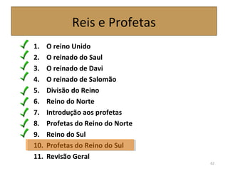 Reis e Profetas
1. O reino Unido
2. O reinado do Saul
3. O reinado de Davi
4. O reinado de Salomão
5. Divisão do Reino
6. Reino do Norte
7. Introdução aos profetas
8. Profetas do Reino do Norte
9. Reino do Sul
10. Profetas do Reino do Sul
11. Revisão Geral
62
 