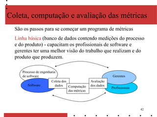 42
Coleta, computação e avaliação das métricas
Processo de engenharia
de software
Software
Coleta dos
dados Computação
das métricas
Profissionais
Gerentes
Avaliação
dos dados
São os passos para se começar um programa de métricas
Linha básica (banco de dados contendo medições do processo
e do produto) - capacitam os profissionais de software e
gerentes ter uma melhor visão do trabalho que realizam e do
produto que produzem.
 