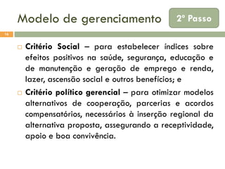 Modelo de gerenciamento

2º Passo

16





Critério Social – para estabelecer índices sobre
efeitos positivos na saúde, segurança, educação e
de manutenção e geração de emprego e renda,
lazer, ascensão social e outros benefícios; e
Critério político gerencial – para otimizar modelos
alternativos de cooperação, parcerias e acordos
compensatórios, necessários à inserção regional da
alternativa proposta, assegurando a receptividade,
apoio e boa convivência.

 