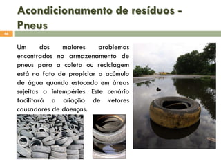 Acondicionamento de resíduos Pneus
66

Um
dos
maiores
problemas
encontrados no armazenamento de
pneus para a coleta ou reciclagem
está no fato de propiciar o acúmulo
de água quando estocado em áreas
sujeitas a intempéries. Este cenário
facilitará a criação de vetores
causadores de doenças.

 
