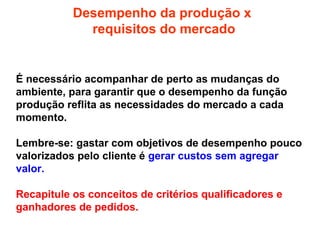 Desempenho da produção x
requisitos do mercado

É necessário acompanhar de perto as mudanças do
ambiente, para garantir que o desempenho da função
produção reflita as necessidades do mercado a cada
momento.
Lembre-se: gastar com objetivos de desempenho pouco
valorizados pelo cliente é gerar custos sem agregar
valor.
Recapitule os conceitos de critérios qualificadores e
ganhadores de pedidos.

 
