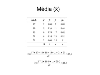 Idade f fr fa far
17 2 0,08 2 0,08
18 9 0,36 11 0,44
19 6 0,24 17 0,68
20 6 0,24 23 0,92
21 2 0,08 25 1
25 1 - -
̄x=
17+ 17+ 18+ 18+ 18+ ...+ 21+ 21
25
≈18,9
̄x=
17⋅2+ 18⋅9+ ...+ 21⋅2
25
≈18,9
Média (x)
_
 