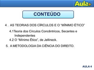 4 . AS TEORIAS DOS CÍRCULOS E O “MÍNIMO ÉTICO”
4.1Teoria dos Círculos Concêntricos, Secantes e
Independentes
4.2 O “Mínimo Ético”, de Jellineck.
5. A METODOLOGIA DA CIÊNCIA DO DIREITO.
AULA 4
CONTEÚDO
 