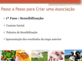 Passo a Passo para Criar uma Associação 
•1ª Fase : Sensibilização 
 Contato Inicial 
 Palestra de Sensibilização 
Apresentação dos resultados da etapa anterior  