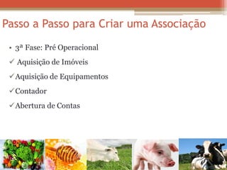 Passo a Passo para Criar uma Associação 
•3ª Fase: Pré Operacional 
 Aquisição de Imóveis 
Aquisição de Equipamentos 
Contador 
Abertura de Contas  