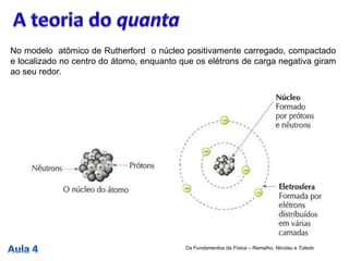 No modelo atômico de Rutherford o núcleo positivamente carregado, compactado
e localizado no centro do átomo, enquanto que os elétrons de carga negativa giram
ao seu redor.
Os Fundamentos da Física – Ramalho, Nicolau e Toledo
 