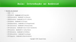 Copyright © 2016 Janynne Gomes 11
● Versões do Android
– 2008 - 1.0
– 2009(Abril) – Android 1.5 (Cupcake)
– 2009(Setembro) – Android 1.6 (Donut)
– 2009(Outubro) – Android 2 e 2.1 (Eclair)
– 2010(Maio) – Android 2.2 (Froyo)
– 2010(Dezembro) – Android 2.3 (Gingerbread)
– 2011(Fevereiro) – Android 3 (Honeycomb)
– 2011(Outubro) – Android 4 (Ice Cream Sandwich)
– 2012(Junho) – Android 4.1 (Jelly Bean)
– 2013(Outubro) – Android 4.4 (KitKat)
– 2014(Novembro) – Android 5 (Lollipop)
– 2015(Agosto) – Android 6 (Marshmallow)
Aula: Introdução ao Android
 