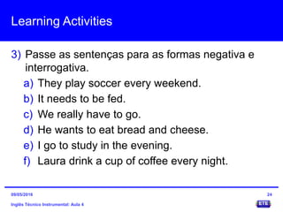 Learning Activities
3) Passe as sentenças para as formas negativa e
interrogativa.
a) They play soccer every weekend.
b) It needs to be fed.
c) We really have to go.
d) He wants to eat bread and cheese.
e) I go to study in the evening.
f) Laura drink a cup of coffee every night.
Inglês Técnico Instrumental: Aula 4
2409/05/2016
 