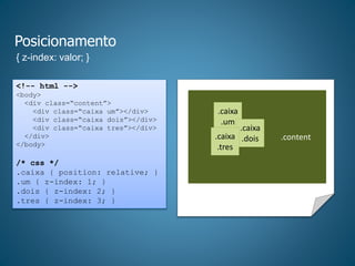 Posicionamento
{ z-index: valor; }
<!-- html -->
<body>
<div class=“content”>
<div class=“caixa um”></div>
<div class=“caixa dois”></div>
<div class=“caixa tres”></div>
</div>
</body>
/* css */
.caixa { position: relative; }
.um { z-index: 1; }
.dois { z-index: 2; }
.tres { z-index: 3; }
.content.....
.caixa
.um
.caixa
.dois.caixa
.tres
 
