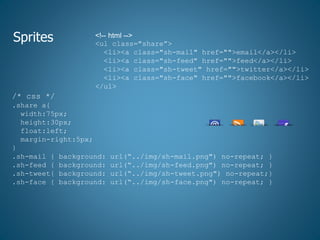 Sprites <!-- html -->
<ul class="share”>
<li><a class="sh-mail" href="">email</a></li>
<li><a class="sh-feed" href="">feed</a></li>
<li><a class="sh-tweet" href="">twitter</a></li>
<li><a class="sh-face" href="">facebook</a></li>
</ul>
/* css */
.share a{
width:75px;
height:30px;
float:left;
margin-right:5px;
}
.sh-mail { background: url(“../img/sh-mail.png") no-repeat; }
.sh-feed { background: url(“../img/sh-feed.png") no-repeat; }
.sh-tweet{ background: url(“../img/sh-tweet.png") no-repeat;}
.sh-face { background: url(“../img/sh-face.png") no-repeat; }
 
