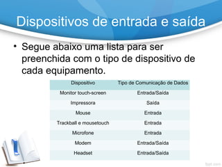 • Segue abaixo uma lista para ser
preenchida com o tipo de dispositivo de
cada equipamento.
Dispositivo Tipo de Comunicação de Dados
Monitor touch-screen Entrada/Saída
Impressora Saída
Mouse Entrada
Trackball e mousetouch Entrada
Microfone Entrada
Modem Entrada/Saída
Headset Entrada/Saída
Dispositivos de entrada e saída
 
