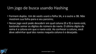 Um jogo de busca usando Hashing
• Formem duplas. Um de vocês usará a folha 3A, e o outro a 3B. Não
mostrem sua folha para o seu parceiro;
• Nesse jogo você pode descobrir em qual coluna (0 a 9) o navio está,
bastando somar os dígitos do número do navio. O último dígito da
soma é a coluna em que o navio está. Ao conhecer a coluna, você
deve adivinhar qual dos navios naquela coluna é o desejado.
Letramento Digital - Aula 4
 
