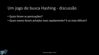Um jogo de busca Hashing - discussão
• Quais foram as pontuações?
• Quais navios foram achados mais rapidamente? E os mais difíceis?
Letramento Digital - Aula 4
 