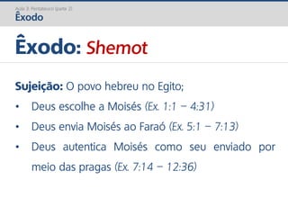 Sujeição: O povo hebreu no Egito;
• Deus escolhe a Moisés (Ex. 1:1 – 4:31)
• Deus envia Moisés ao Faraó (Ex. 5:1 – 7:13)
• Deus autentica Moisés como seu enviado por
meio das pragas (Ex. 7:14 – 12:36)
Êxodo: Shemot
Aula 3: Pentateuco (parte 2)
Êxodo
 
