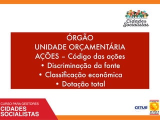 ÓRGÃO
UNIDADE ORÇAMENTÁRIA
AÇÕES – Código das ações
•	Discriminação da fonte
•	Classiﬁcação econômica
•	Dotação total
 
