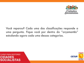 Você reparou? Cada uma das classiﬁcações responde a
uma pergunta. Fique você por dentro do “orçamentês”
estudando agora cada uma dessas categorias.
 