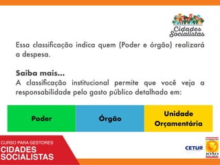 Essa classiﬁcação indica quem (Poder e órgão) realizará
a despesa.
Saiba mais...
A classiﬁcação institucional permite que você veja a
responsabilidade pelo gasto público detalhado em:
Poder Órgão
Unidade
Orçamentária
 