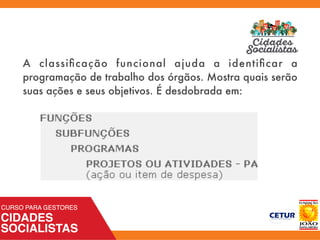 A classiﬁcação funcional ajuda a identiﬁcar a
programação de trabalho dos órgãos. Mostra quais serão
suas ações e seus objetivos. É desdobrada em:
 