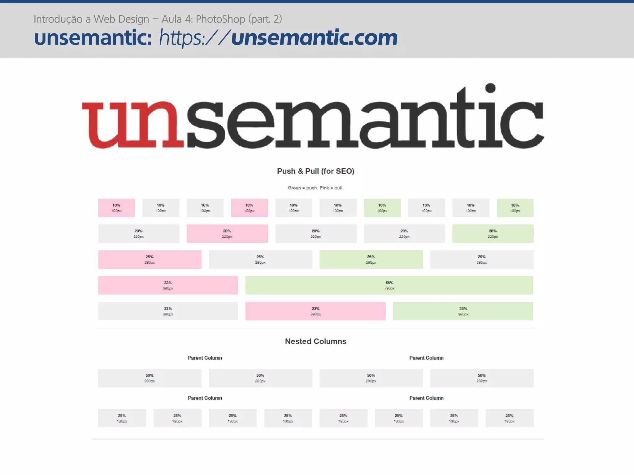 Introdução a Web Design – Aula 4: PhotoShop (part. 2)
unsemantic: https://unsemantic.com
 