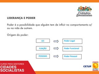 LIDERANÇA E PODER
Poder é a possibilidade que alguém tem de inﬂuir no comportamento e/
ou na vida de outrem.
Origem do poder:
 