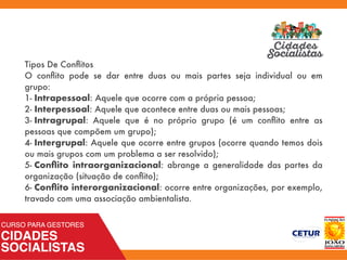 Tipos De Conﬂitos
O conﬂito pode se dar entre duas ou mais partes seja individual ou em
grupo:
1-	Intrapessoal: Aquele que ocorre com a própria pessoa;
2- Interpessoal: Aquele que acontece entre duas ou mais pessoas;
3-	Intragrupal: Aquele que é no próprio grupo (é um conﬂito entre as
pessoas que compõem um grupo);
4-	Intergrupal: Aquele que ocorre entre grupos (ocorre quando temos dois
ou mais grupos com um problema a ser resolvido);
5-	Conﬂito intraorganizacional: abrange a generalidade das partes da
organização (situação de conﬂito);
6-	Conﬂito interorganizacional: ocorre entre organizações, por exemplo,
travado com uma associação ambientalista.
 