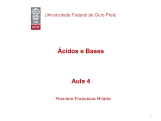 Ácidos e Bases
Aula 4
Flaviane Francisco Hilário
Universidade Federal de Ouro Preto
1
 