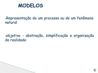 ⦁Representação de um processo ou de um fenômeno
natural
⦁objetivo - abstração, simplificação e organização
da realidade
MODELOS
 