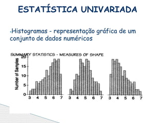 ⦁Histogramas - representação gráfica de um
conjunto de dados numéricos
ESTATÍSTICA UNIVARIADA
 