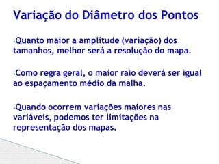 ⦁Quanto maior a amplitude (variação) dos
tamanhos, melhor será a resolução do mapa.
⦁Como regra geral, o maior raio deverá ser igual
ao espaçamento médio da malha.
⦁Quando ocorrem variações maiores nas
variáveis, podemos ter limitações na
representação dos mapas.
Variação do Diâmetro dos Pontos
 