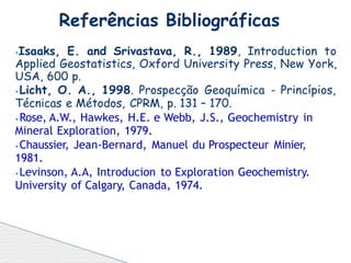 ⦁Isaaks, E. and Srivastava, R., 1989, Introduction to
Applied Geostatistics, Oxford University Press, New York,
USA, 600 p.
⦁Licht, O. A., 1998. Prospecção Geoquímica - Princípios,
Técnicas e Métodos, CPRM, p. 131 – 170.
⦁Rose, A.W., Hawkes, H.E. e Webb, J.S., Geochemistry in
Mineral Exploration, 1979.
⦁Chaussier, Jean-Bernard, Manuel du Prospecteur Minier,
1981.
⦁Levinson, A.A, Introducion to Exploration Geochemistry.
University of Calgary, Canada, 1974.
Referências Bibliográficas
 