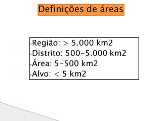 ⦁Região: > 5.000 km2
⦁Distrito: 500-5.000 km2
⦁Área: 5-500 km2
⦁Alvo: < 5 km2
Definições de áreas
 