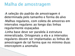⦁A seleção do padrão de amostragem é
determinada pelo tamanho e forma do alvo
⦁Malhas regulares, com coleta de amostras em
intervalos regulares ao longo das linhas
regularmente espaçadas
⦁Linha base deve ser paralela à estrutura
mineralizada. Ortogonais a ela e a intervalos
regulares devem ser implantadas as linhas de
amostragem de tal forma que no mínimo duas
interceptem a anomalia
Malha de amostragem
 