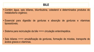 BILE
• Contém água, sais biliares, bilurribubina, colesterol e determinados produtos do
metabolismo orgânico;
• Essencial para digestão de gorduras e absorção de gorduras e vitaminas
lipossolúveis;
• Sistema para recirculação da bile =>>> circulação enterohepática.
• Sais biliares =>>> emulsificação de gorduras, formação de micelas, transporte de
ácidos graxos e vitaminas.
 