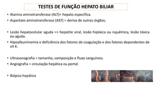 TESTES DE FUNÇÃO HEPATO BILIAR
• Alanina aminotransferase (ALT)= hepato específica.
• Aspartato aminotransferase (AST) = deriva de outros órgãos;
• Lesão hepatocelular aguda => hepatite viral, lesão hipóxica ou isquêmica, lesão tóxica
ou aguda.
• Hipoalbuminemia e deficiência dos fatores de coagulação e dos fatores dependentes de
vit K.
• Ultrasonografia = tamanho, composição e fluxo sanguíneo;
• Angiografia = circulação hepática ou portal.
• Biópsia hepática
 