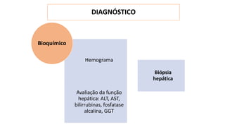 DIAGNÓSTICO
Hemograma
Avaliação da função
hepática: ALT, AST,
bilirrubinas, fosfatase
alcalina, GGT
Bioquímico
Biópsia
hepática
 