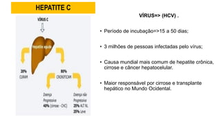 HEPATITE C
VÍRUS=> (HCV) .
• Período de incubação=>15 a 50 dias;
• 3 milhões de pessoas infectadas pelo vírus;
• Causa mundial mais comum de hepatite crônica,
cirrose e câncer hepatocelular.
• Maior responsável por cirrose e transplante
hepático no Mundo Ocidental.
 
