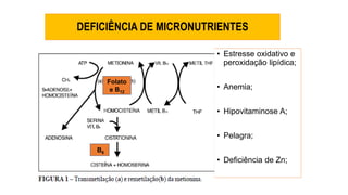 DEFICIÊNCIA DE MICRONUTRIENTES
• Estresse oxidativo e
peroxidação lipídica;
• Anemia;
• Hipovitaminose A;
• Pelagra;
• Deficiência de Zn;
Folato
e B12
B6
 