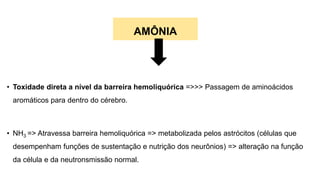 AMÔNIA
• Toxidade direta a nível da barreira hemoliquórica =>>> Passagem de aminoácidos
aromáticos para dentro do cérebro.
• NH3 => Atravessa barreira hemoliquórica => metabolizada pelos astrócitos (células que
desempenham funções de sustentação e nutrição dos neurônios) => alteração na função
da célula e da neutronsmissão normal.
 